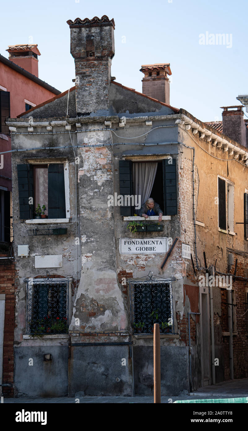 Alte Dame in einem heruntergekommenen Haus, Schneiden von Kräutern aus einem Fenster, Venedig, Italien Stockfoto