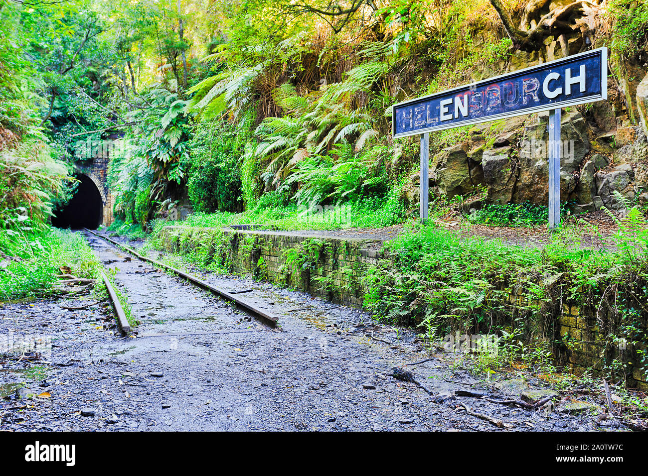 Alten, verlassenen Rail Way Rail Road Tunnel in regionalen australische Stadt Helensburgh abgedeckt in üppiger grüner Vegetation und alten Schienen. Stockfoto