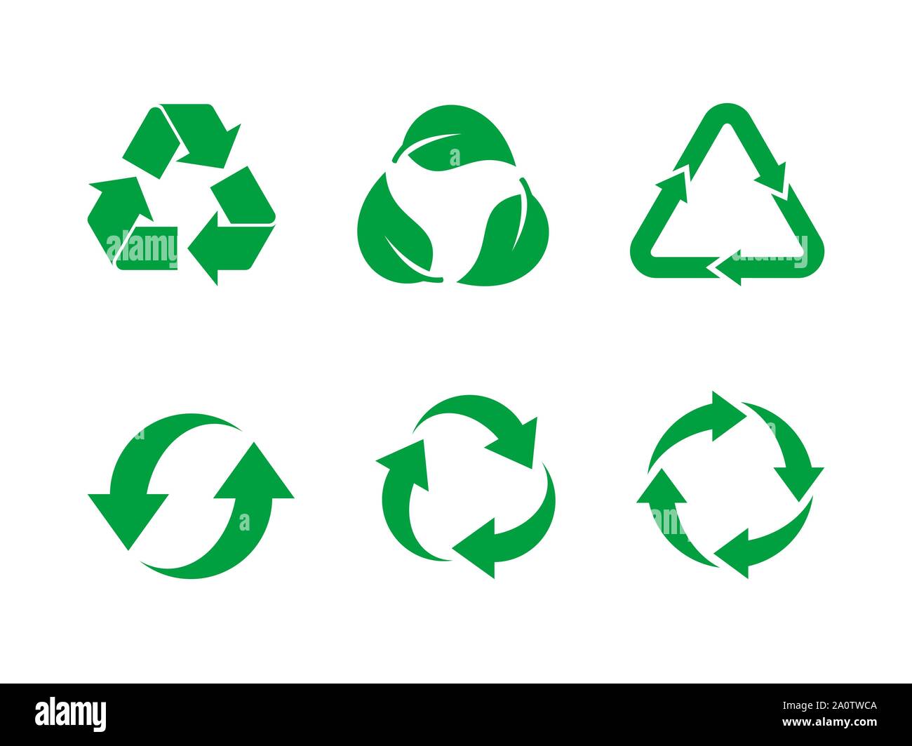 Bereiten symbol Vektor einrichten. Grüne bereiten Sie Zeichen auf weißem Hintergrund. Sammlung von 6 verschiedenen recycling Symbole. Wiederverwendung, Erneuern, Recycling von Materialien Stock Vektor