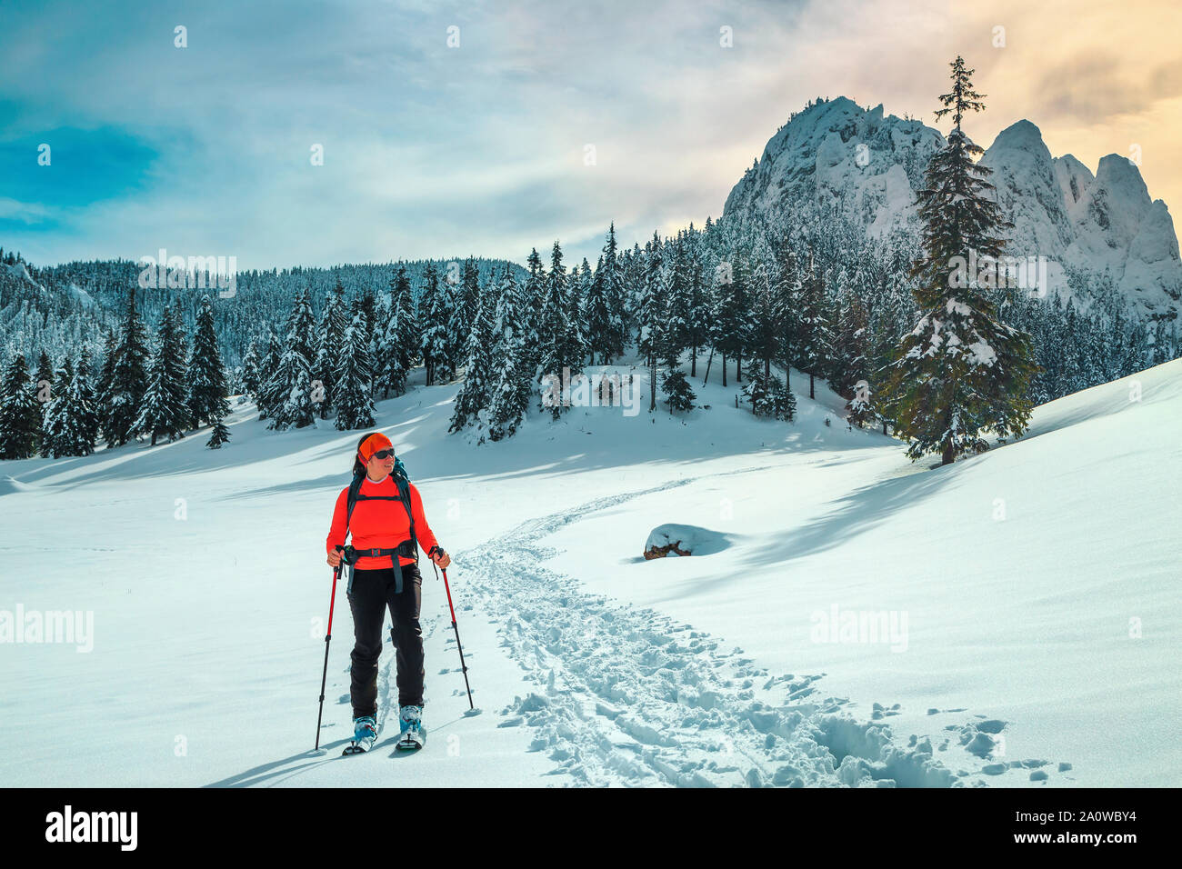 Gerne backpacker Frau im frischen Pulverschnee. Skitouren auf den verschneiten Hügel. Backcountry skier Frau mit bunten Rucksack und Mountain Equipment Stockfoto