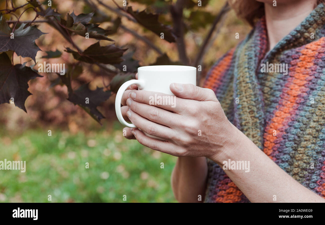 Elegante weibliche Hände halten eine weiße Tasse mit einem warmen Getränk. Herbst Hintergrund. Nahaufnahme Stockfoto