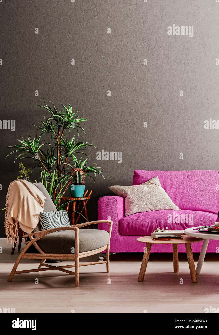 Dunkle mock up Wand mit violett lila Sofa, zwei Tische, ein Stuhl in der modernen Interieur Hintergrund, Wohnzimmer mit großem Fenster und ein kühler, Scandinavi Stockfoto