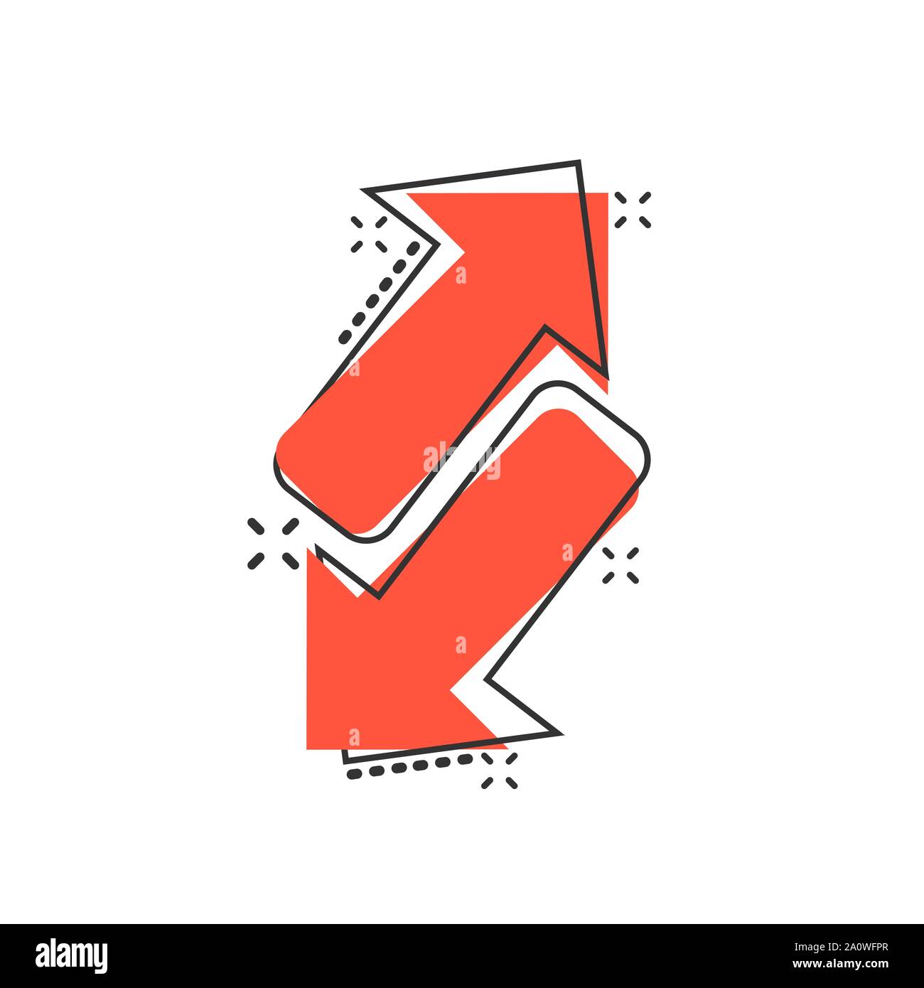 Umgekehrter Pfeil Symbol im Comic-stil. Aktualisieren vektor Cartoon Illustration auf weißem Hintergrund isoliert. Laden Geschäftskonzept splash Wirkung. Stock Vektor