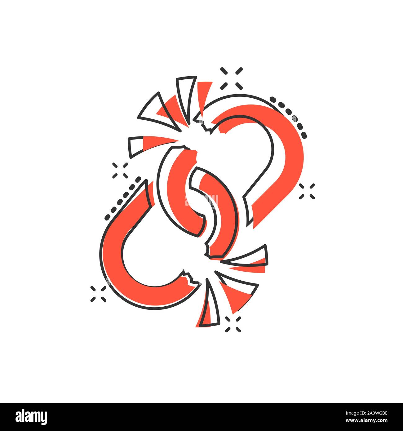 Gebrochene Kette zeichen Symbol im Comic-stil. Link vector Cartoon Illustration auf weißem Hintergrund isoliert Trennen. Geschäftskonzept splash Lösen Effekt Stock Vektor