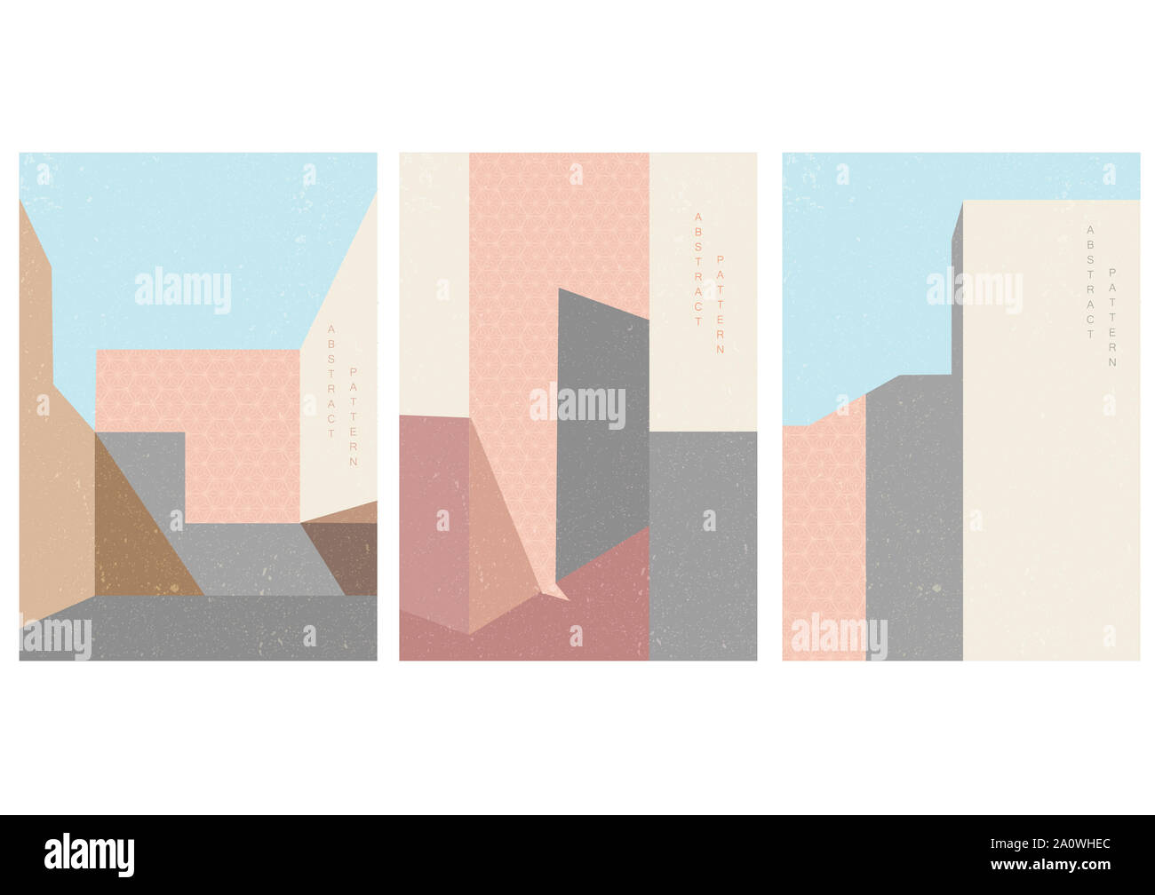 Pastellfarben Gebäude Vorlage mit japanischen Muster Vektor. Geometrische Hintergrund mit grunge Textur. Stockfoto