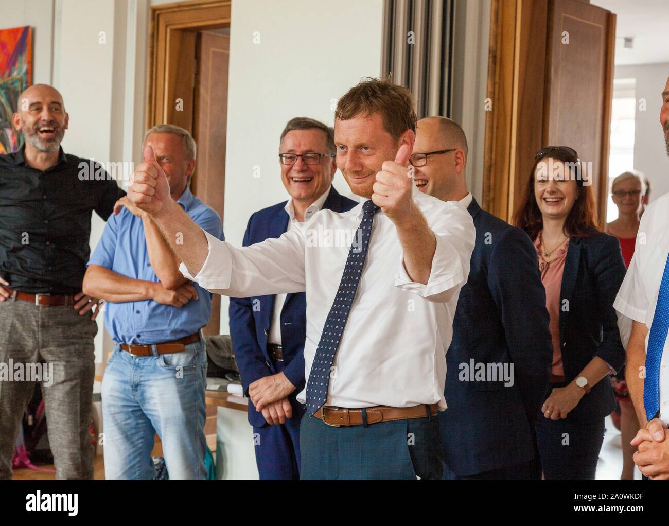 Michael Kretschmer bei der Vorstellung der neuen Fraunhofer-Zukunftsmanufaktur vor dem Haus der Sorben. Bautzen, 28.08.2019 Stockfoto