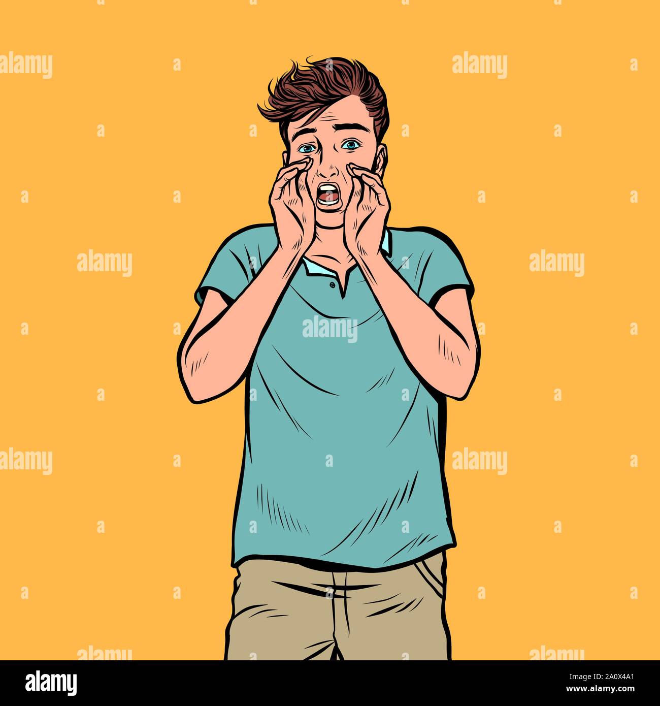 Ein junger Mann fordert Shouts. Pop Art retro Vektor illustration Zeichnung vintage Kitsch Stock Vektor