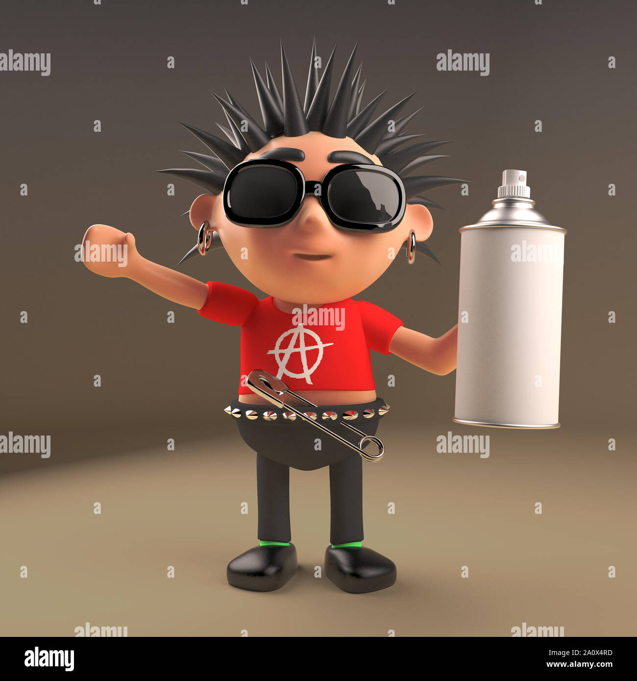 Spiky behaartes Cartoon 3d-Punk Rocker teenager Charakter Holding ein Aerosol Spray, 3d-Grafik rendern Stockfoto