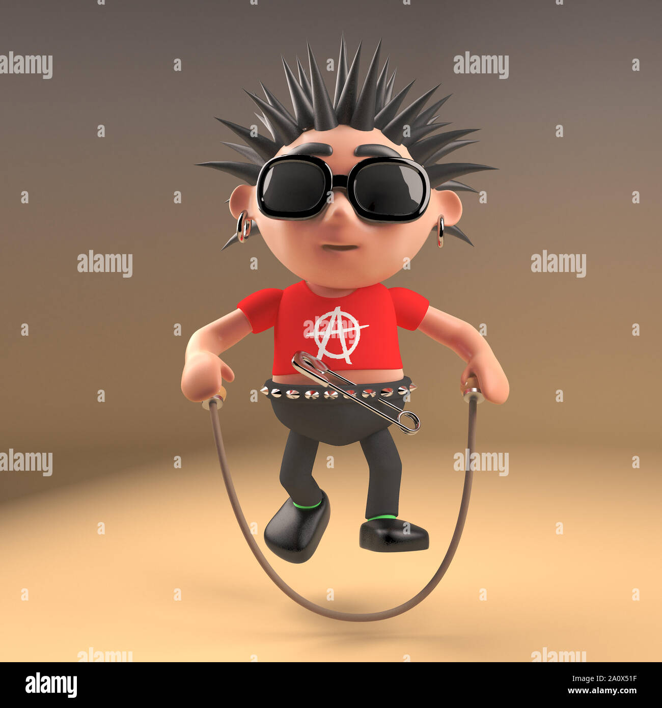 3d Cartoon punk rock Teenager mit stacheligen Haare überspringen mit einem Springseil, 3d-Grafik rendern Stockfoto