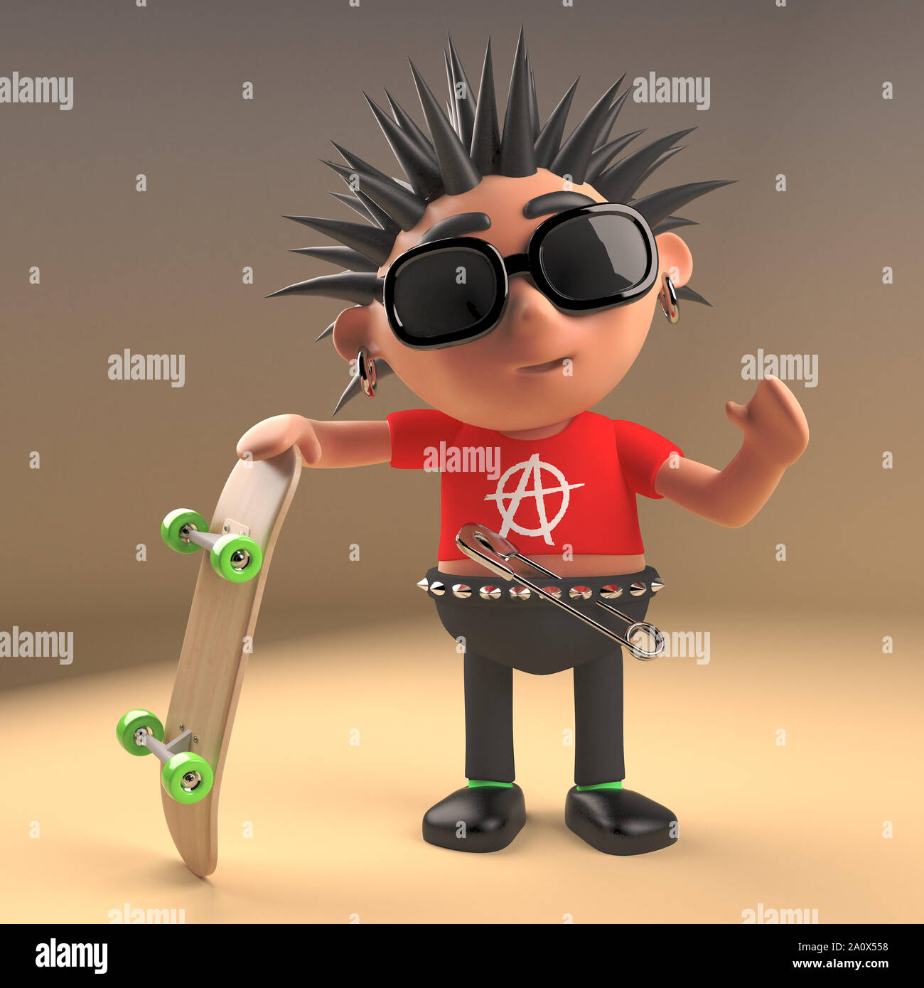 Spiky behaartes Cartoon 3d-punk rock Teenager mit einem Skateboard, 3d-Grafik rendern Stockfoto