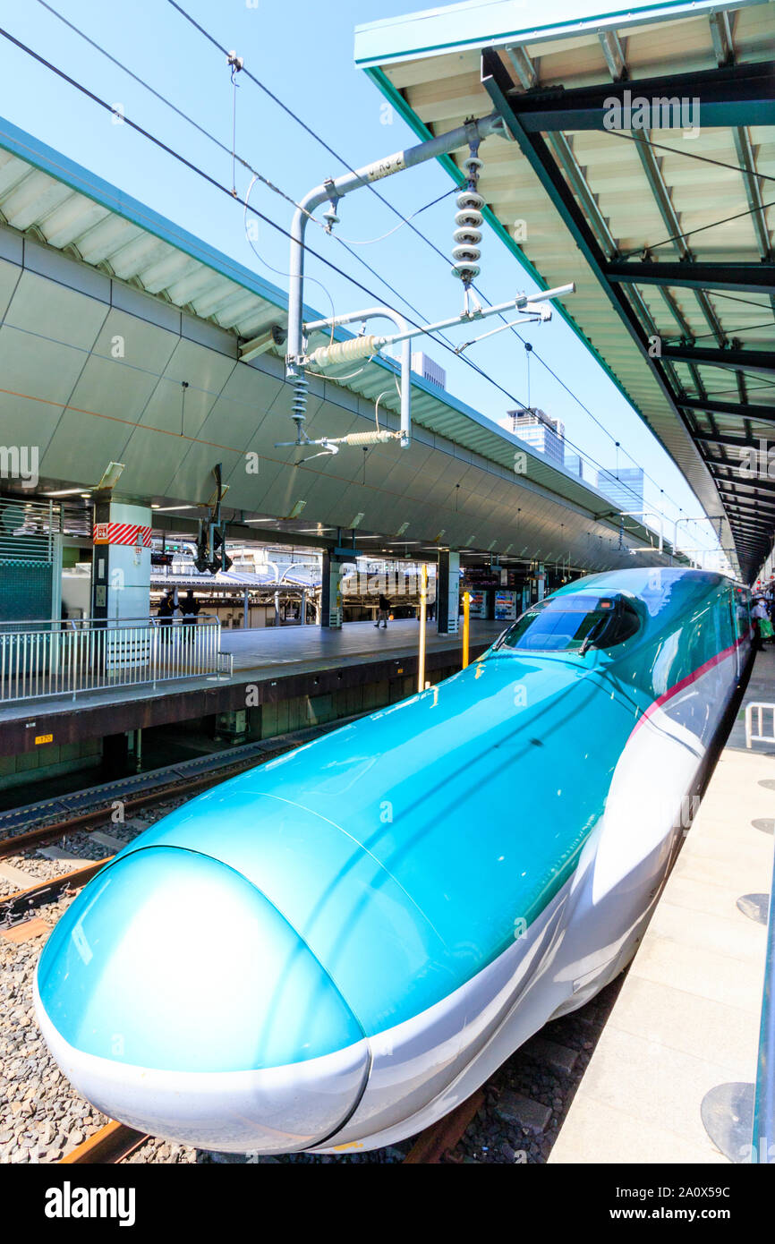 Tokio Shinkansen, Bullet Train, Station. Plattform Blick auf East Japan E5-Serie Tohoku Shinkansen, Bullet Train. Nase und vor dem Zug. Stockfoto