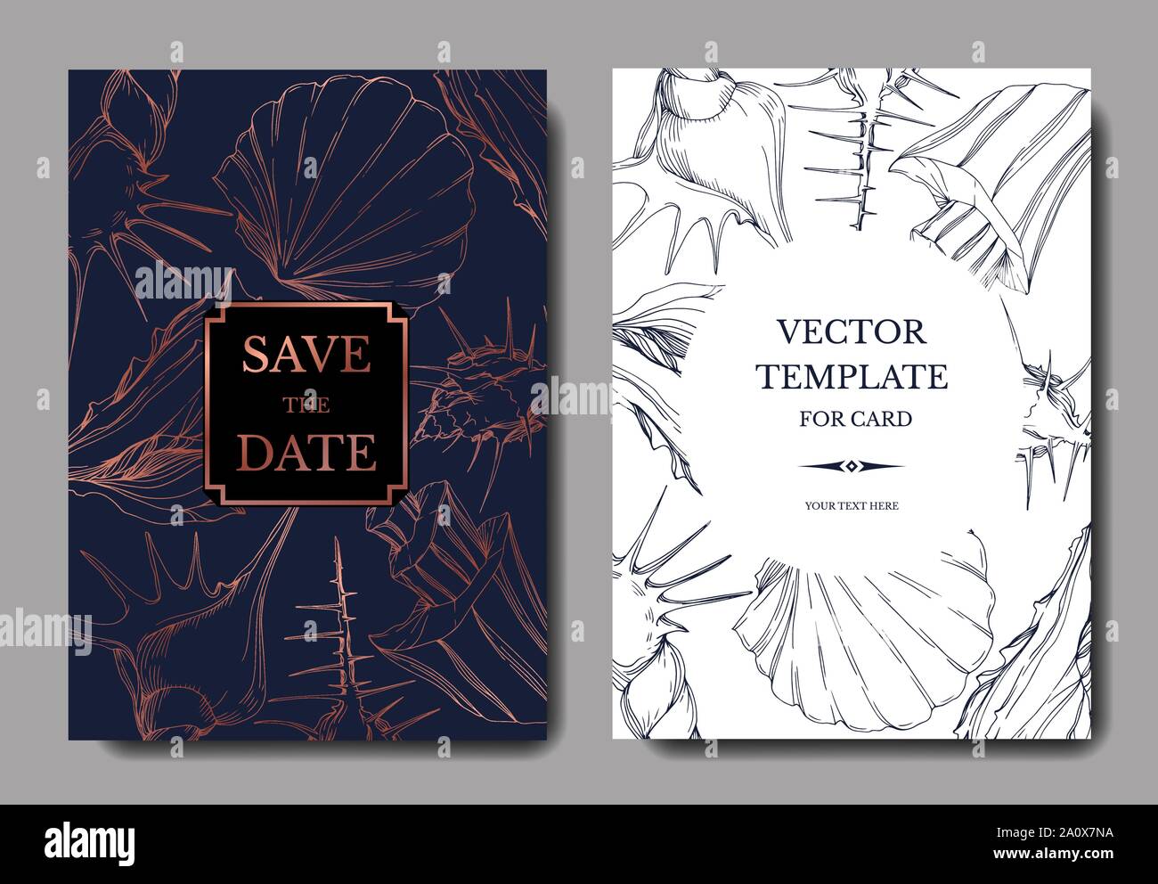 Vektor Sommer Strand Muschel tropischen Elementen. Graviert Tinte Art Hochzeit hintergrund Karte dekorative Grenze. Danke, Rsvp, Einladung elegante Karte Stock Vektor