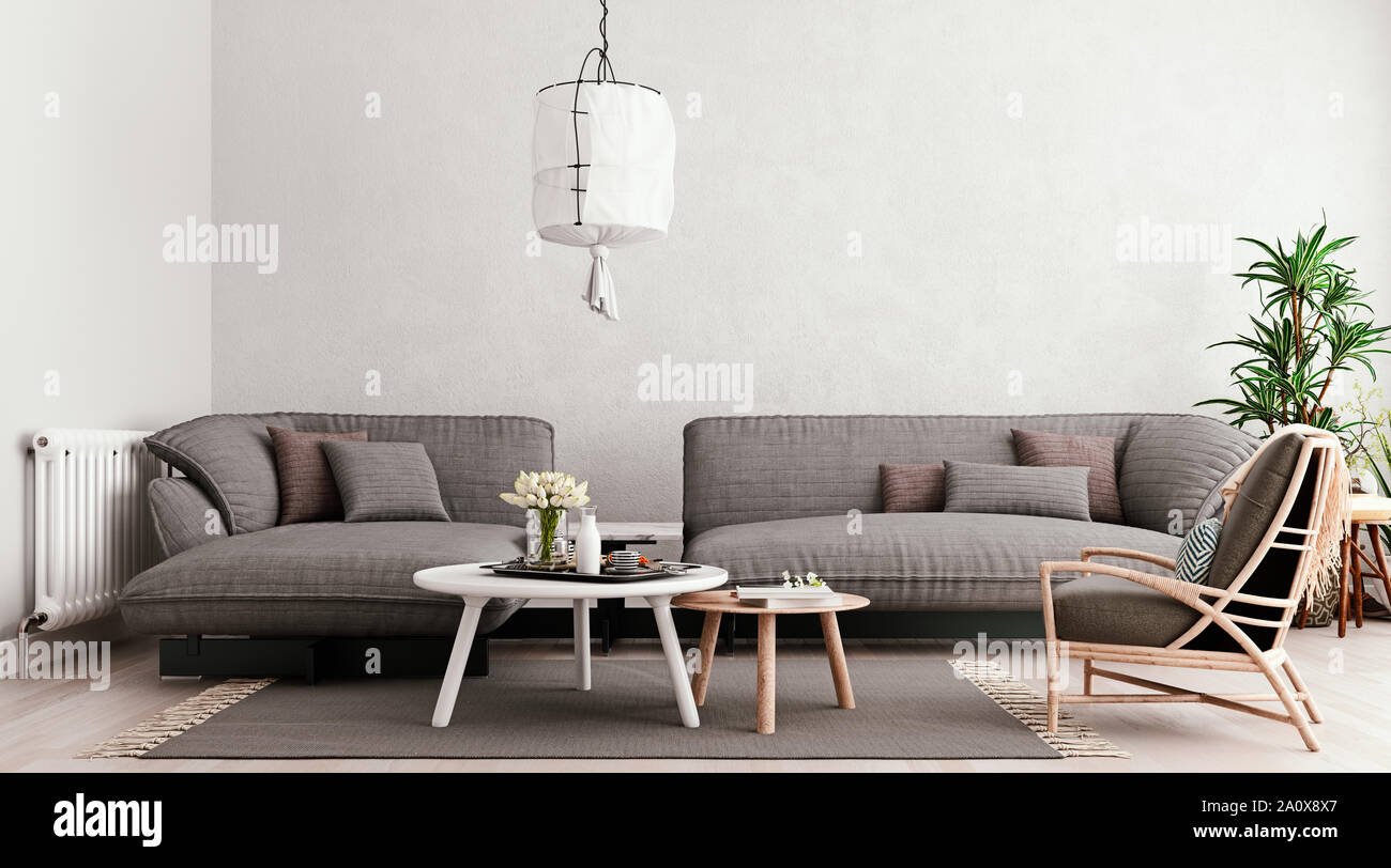 Hellgrau mock up Wall, großen, grauen modularen Sofa mit Tisch und Stuhl, Wohnzimmer, skandinavischen Stil, 3D-Rendering, 3D-Darstellung Stockfoto