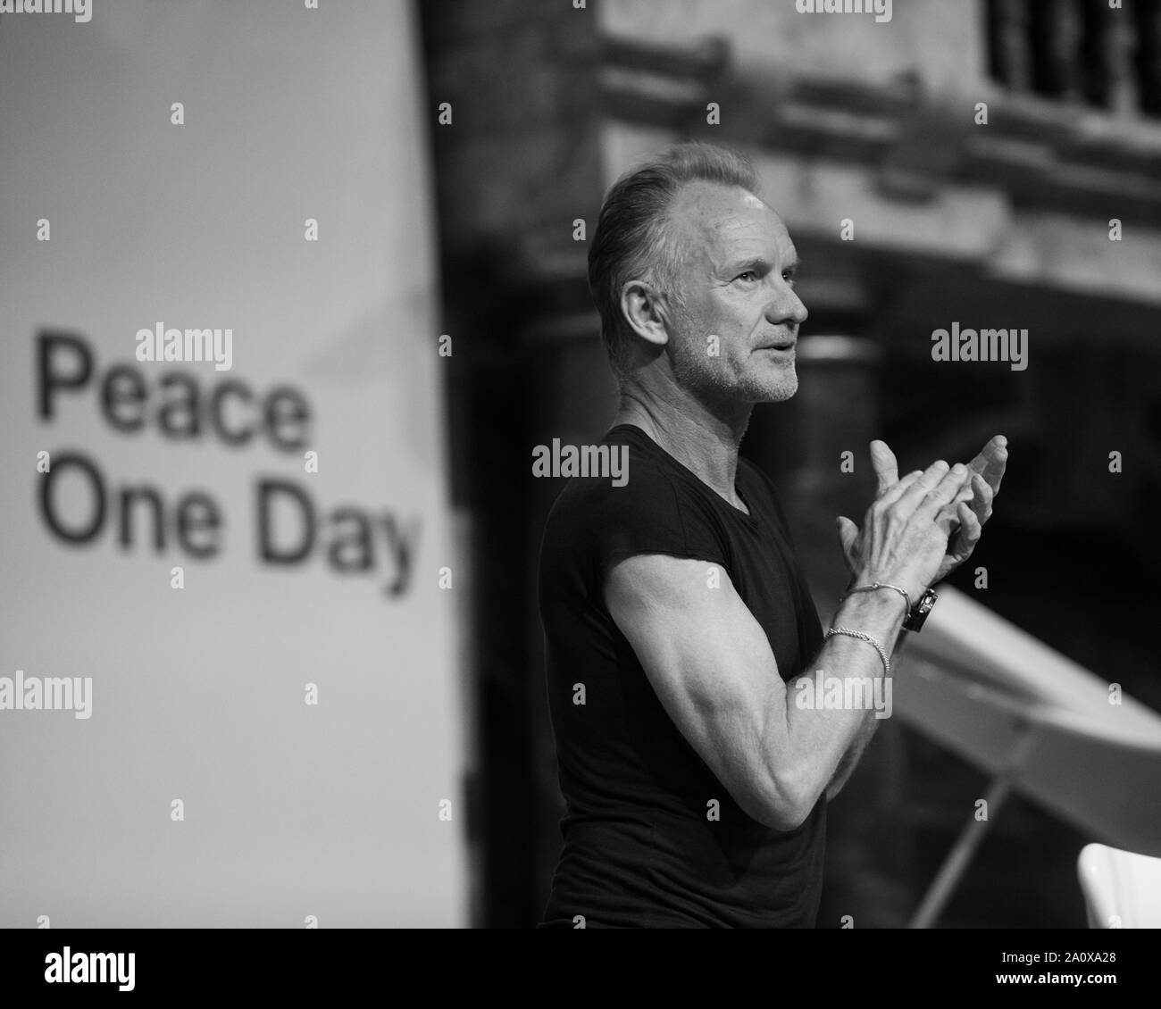 Peace One Day Konzert 2019 - Sting führt die 20 Jahr Feier zu schließen - "Wer wird sie ihren Frieden mit machen?' Stockfoto