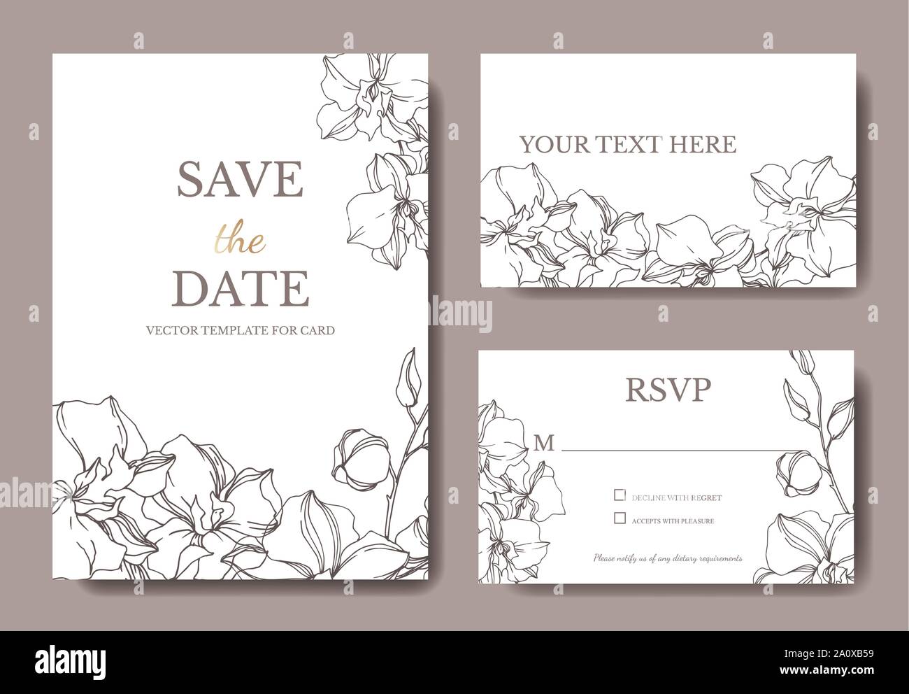 Vektor Orchidee Blumen botanischen Blumen. Schwarz und weiß eingraviert Tinte Art Hochzeit hintergrund Karte dekorative Grenze. Danke, Rsvp, Einladung elega Stock Vektor