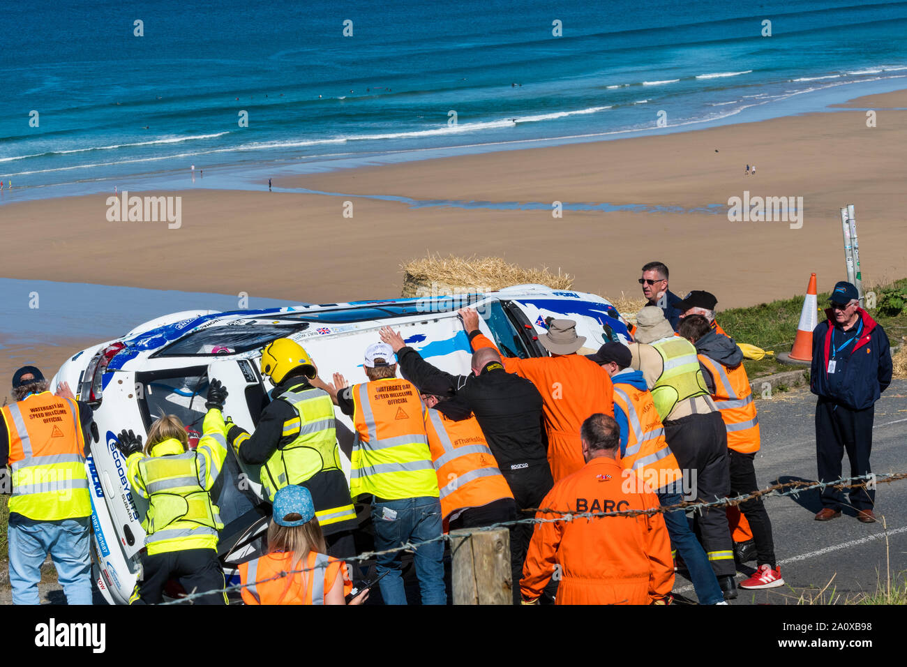 Invertiert Subaru WRX Wagen.... Hybris? Watergate Bay Geschwindigkeit Hillclimb Sept 2019 Stockfoto