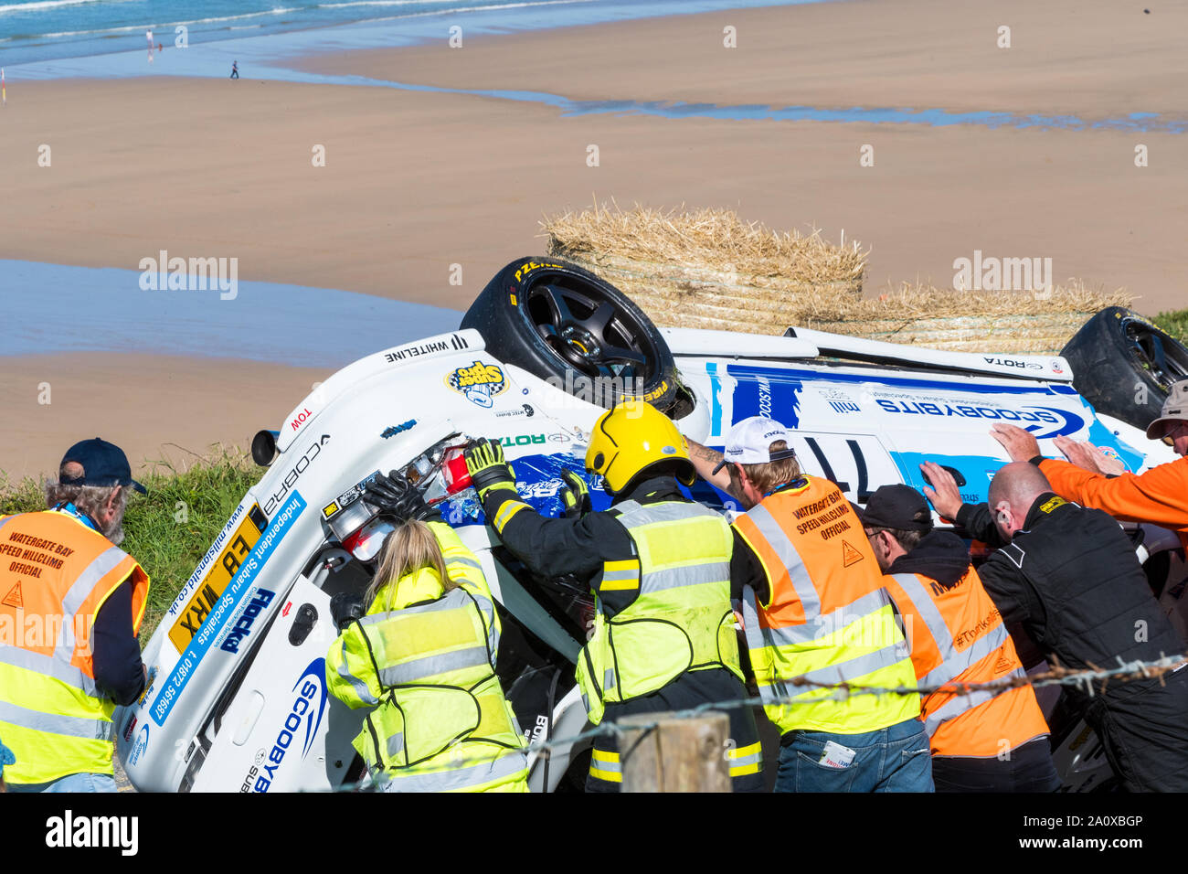 Invertiert Subaru WRX Wagen.... Hybris? Watergate Bay Geschwindigkeit Hillclimb Sept 2019 Stockfoto