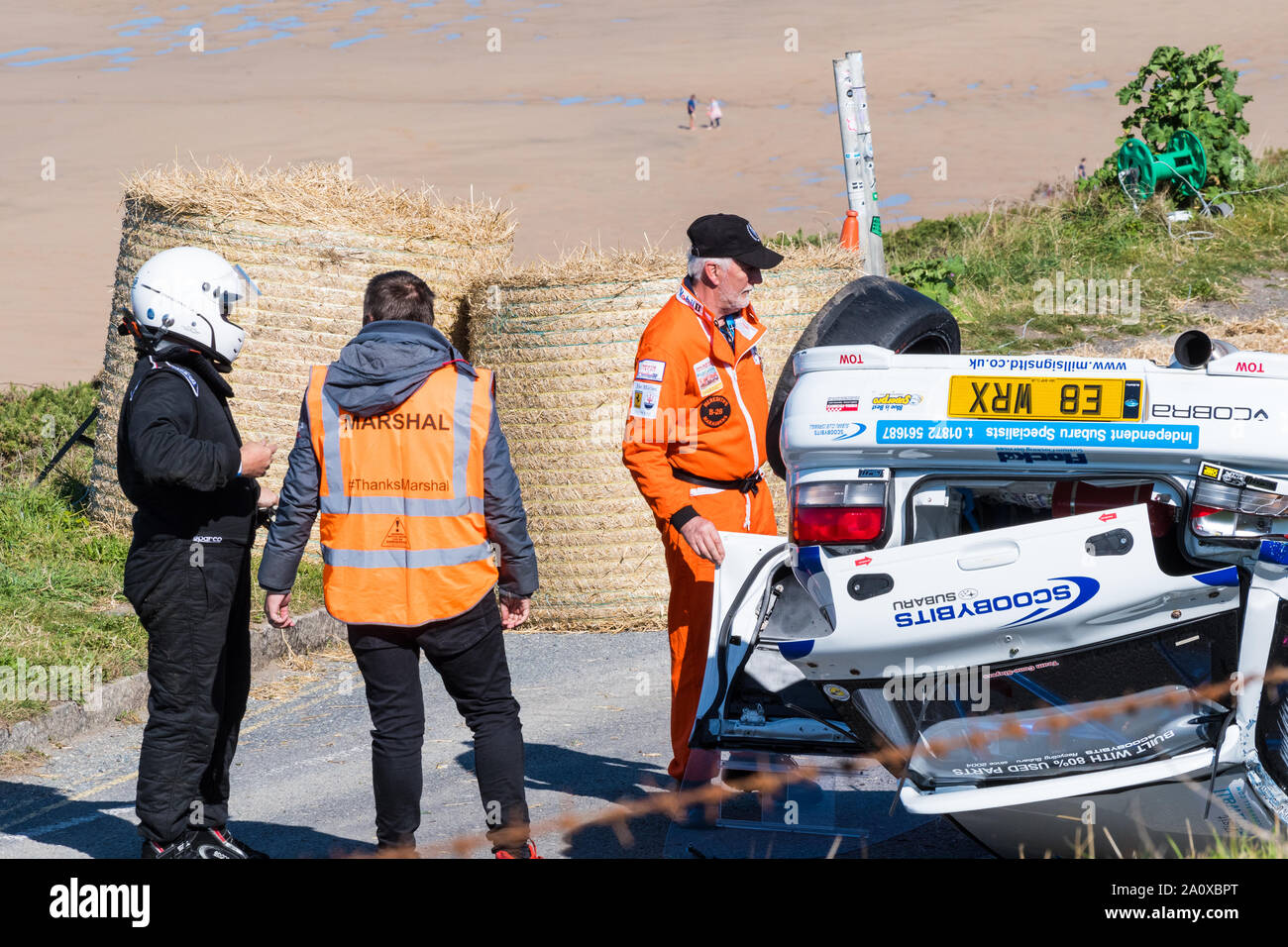 Invertiert Subaru WRX Wagen.... Hybris? Watergate Bay Geschwindigkeit Hillclimb Sept 2019 Stockfoto