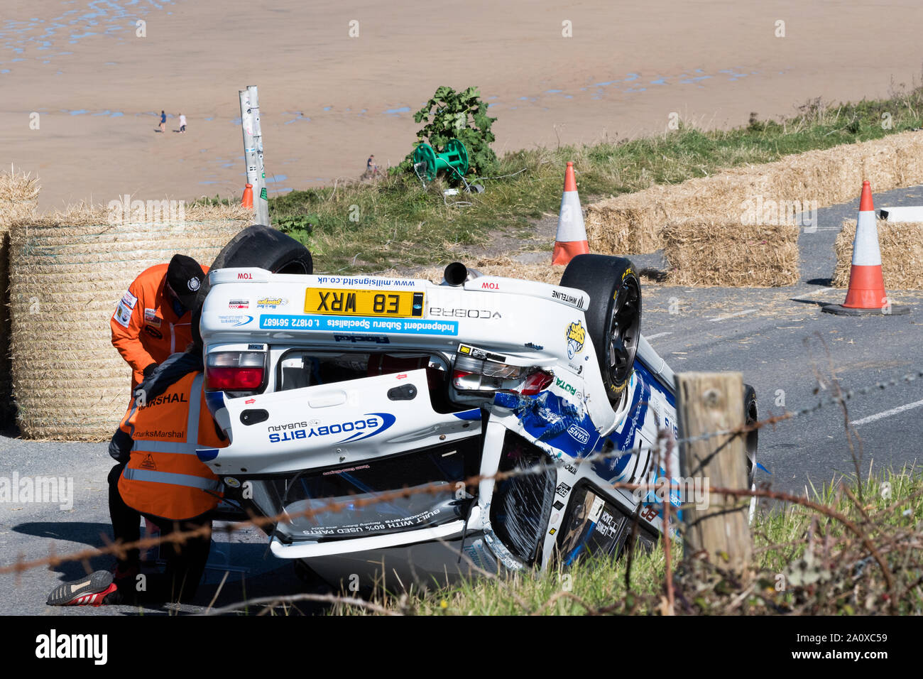 Invertiert Subaru WRX Wagen.... Hybris? Watergate Bay Geschwindigkeit Hillclimb Sept 2019 Stockfoto