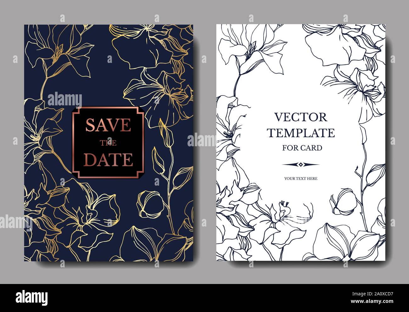 Vektor Orchidee Blumen botanischen Blumen. Schwarz und weiß eingraviert Tinte Art Hochzeit hintergrund Karte dekorative Grenze. Danke, Rsvp, Einladung elega Stock Vektor