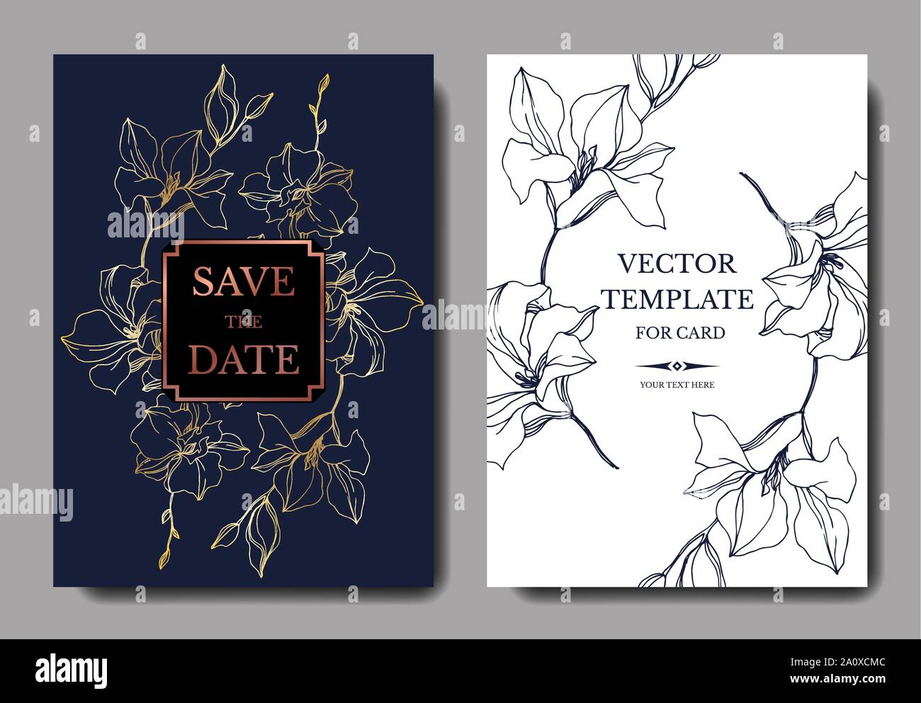 Vektor Orchidee Blumen botanischen Blumen. Schwarz und weiß eingraviert Tinte Art Hochzeit hintergrund Karte dekorative Grenze. Danke, Rsvp, Einladung elega Stock Vektor
