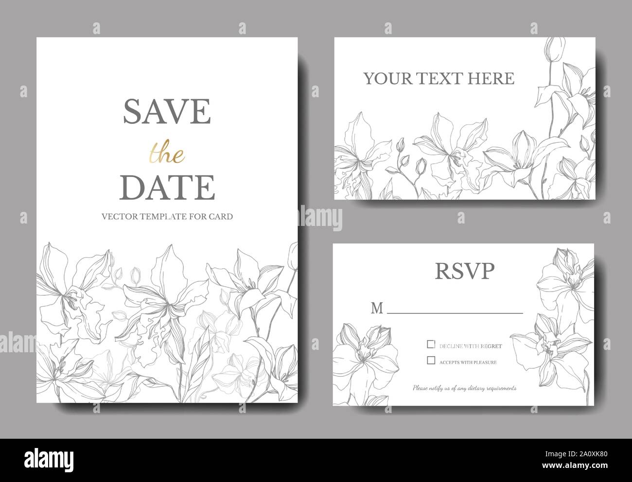 Vektor Orchidee Blumen botanischen Blumen. Schwarz und weiß eingraviert Tinte Art Hochzeit hintergrund Karte Blumen dekorativ Grenze. Danke, Rsvp, Invitatio Stock Vektor