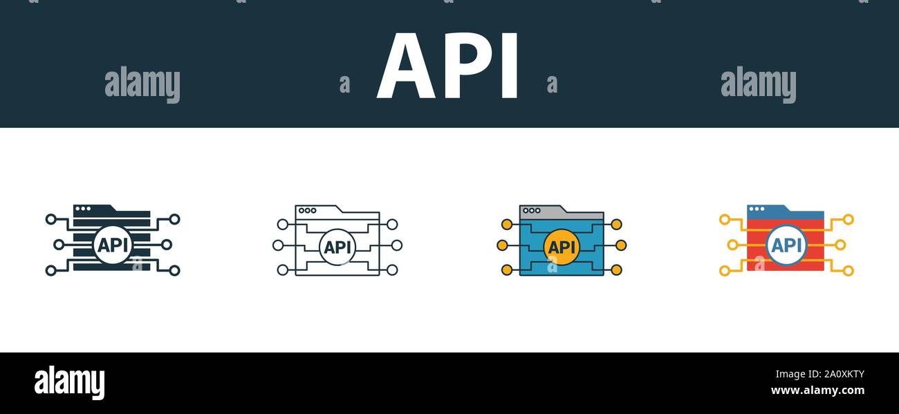 Api Icon Set. Vier einfache Symbole in verschiedenen Stilrichtungen von Web-entwicklung Symbole Sammlung. Kreative api Icons, Outline, farbige und flach Stock Vektor
