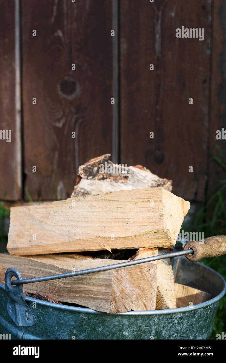 Die Bucketful der birchen Brennholz vor dem Hintergrund einer Holzschuppen, Nahaufnahme Stockfoto