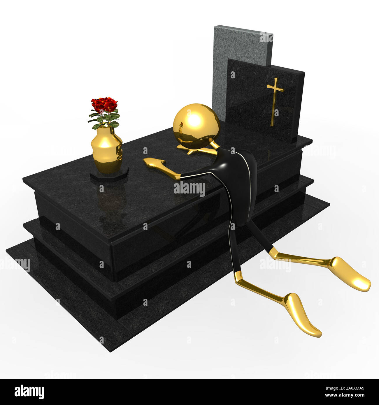 Golden doll traurig und lehnte sich auf eine Familie Grab (3D-Abbildung) Stockfoto