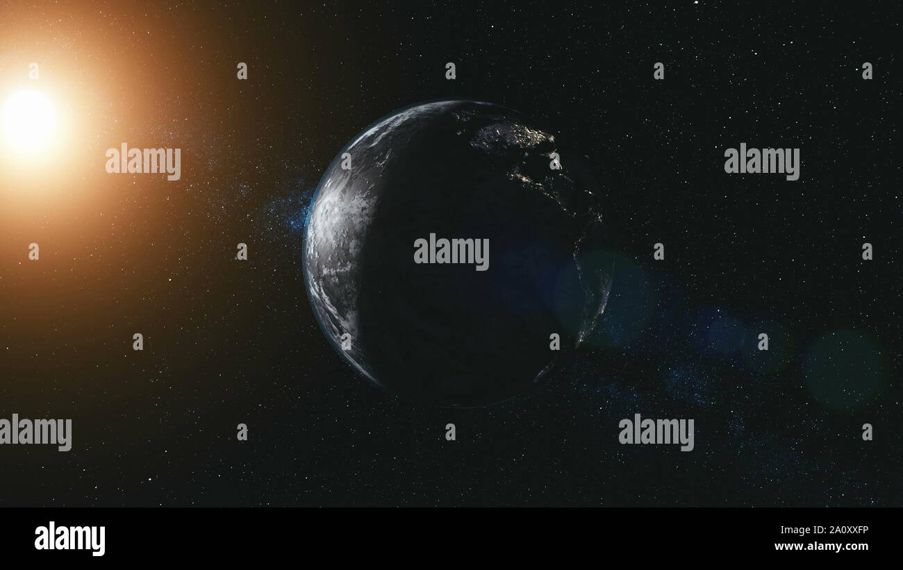 Drehen Sie den Planeten Erde Vergrößern Sun Beam beleuchten. Himmlische Galaxy Constellation Kosmos Nebel Hintergrund tief Open Space Travel Concept 3D Animation Stockfoto