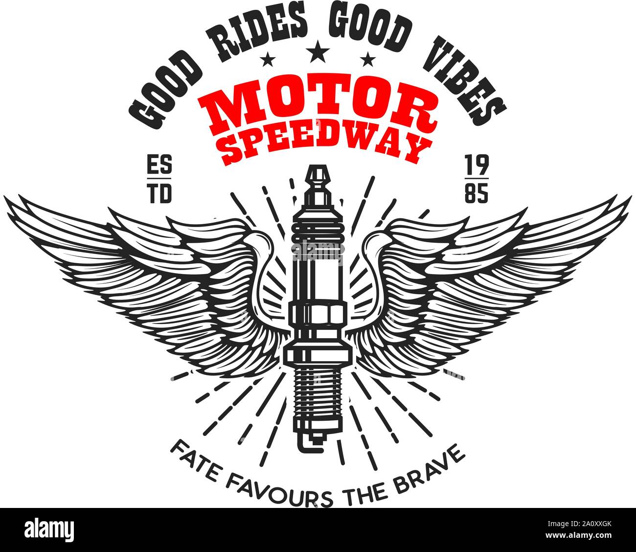 Motor Speedway. Emblem Vorlage mit Winged elektrische Zündkerze. Design Element für Poster, Logo, Beschriftung, Schild, Abzeichen. Vector Illustration Stock Vektor