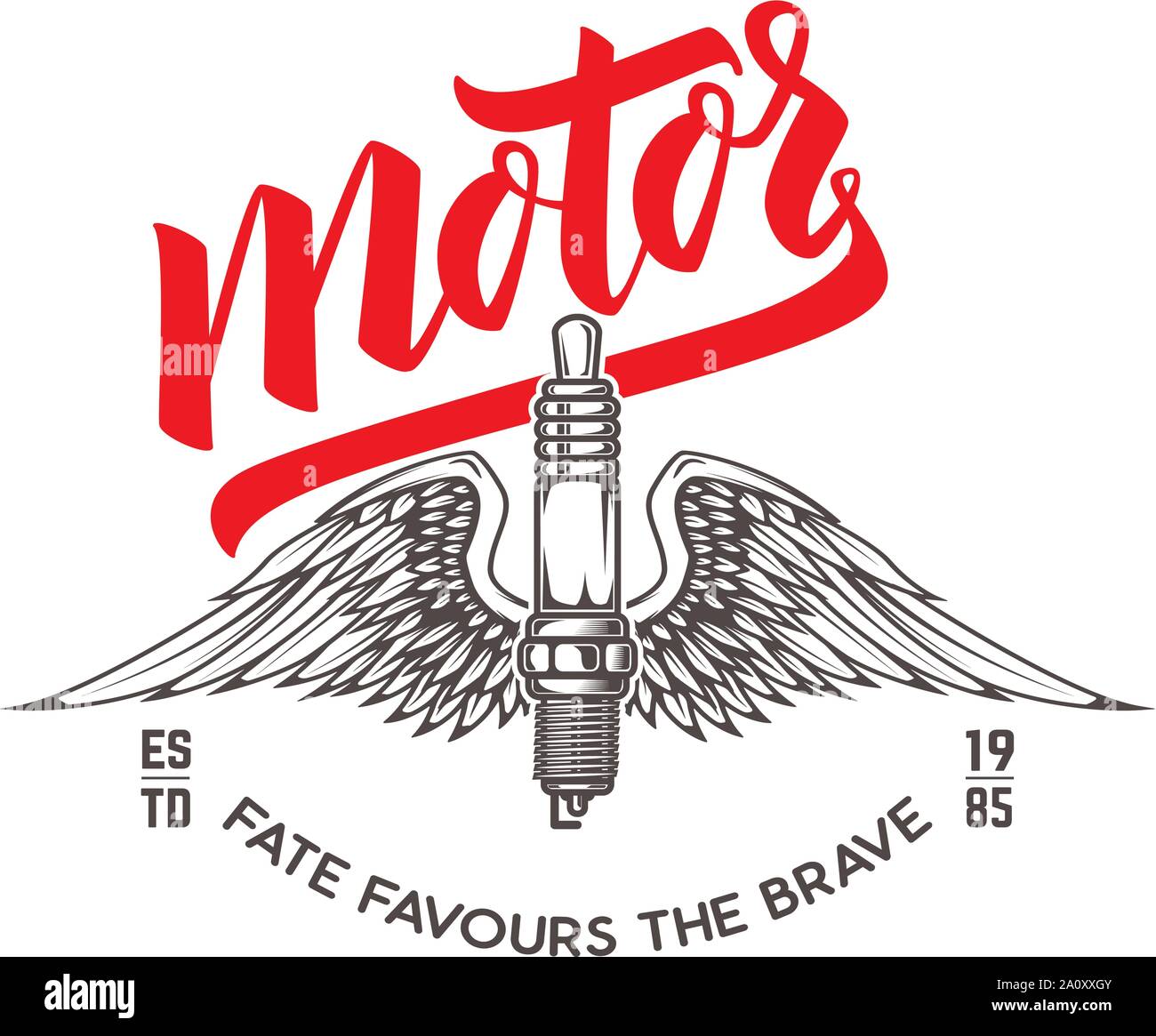 Motor Speedway. Emblem Vorlage mit Winged elektrische Zündkerze. Design Element für Poster, Logo, Beschriftung, Schild, Abzeichen. Vector Illustration Stock Vektor