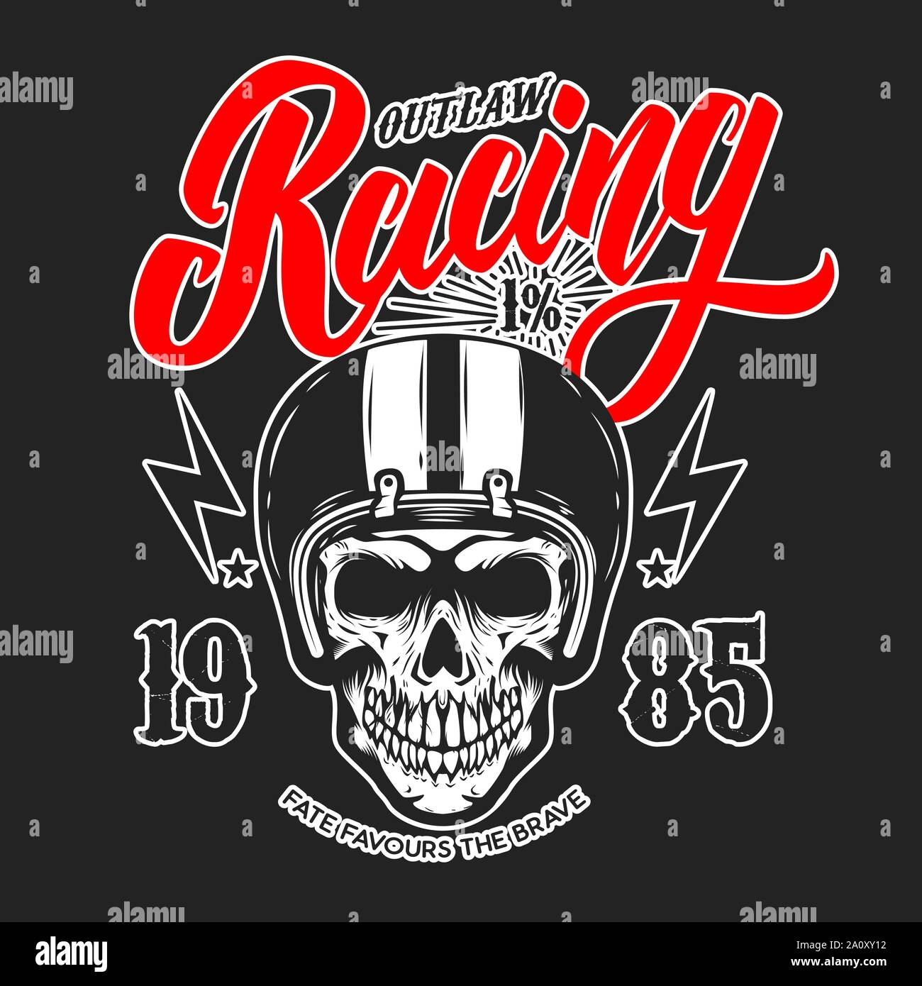 Outlaw Racing. Emblem Vorlage mit Schädel in Racer Helm. Design Element für Poster, Logo, Beschriftung, Schild, Abzeichen. Vector Illustration Stock Vektor