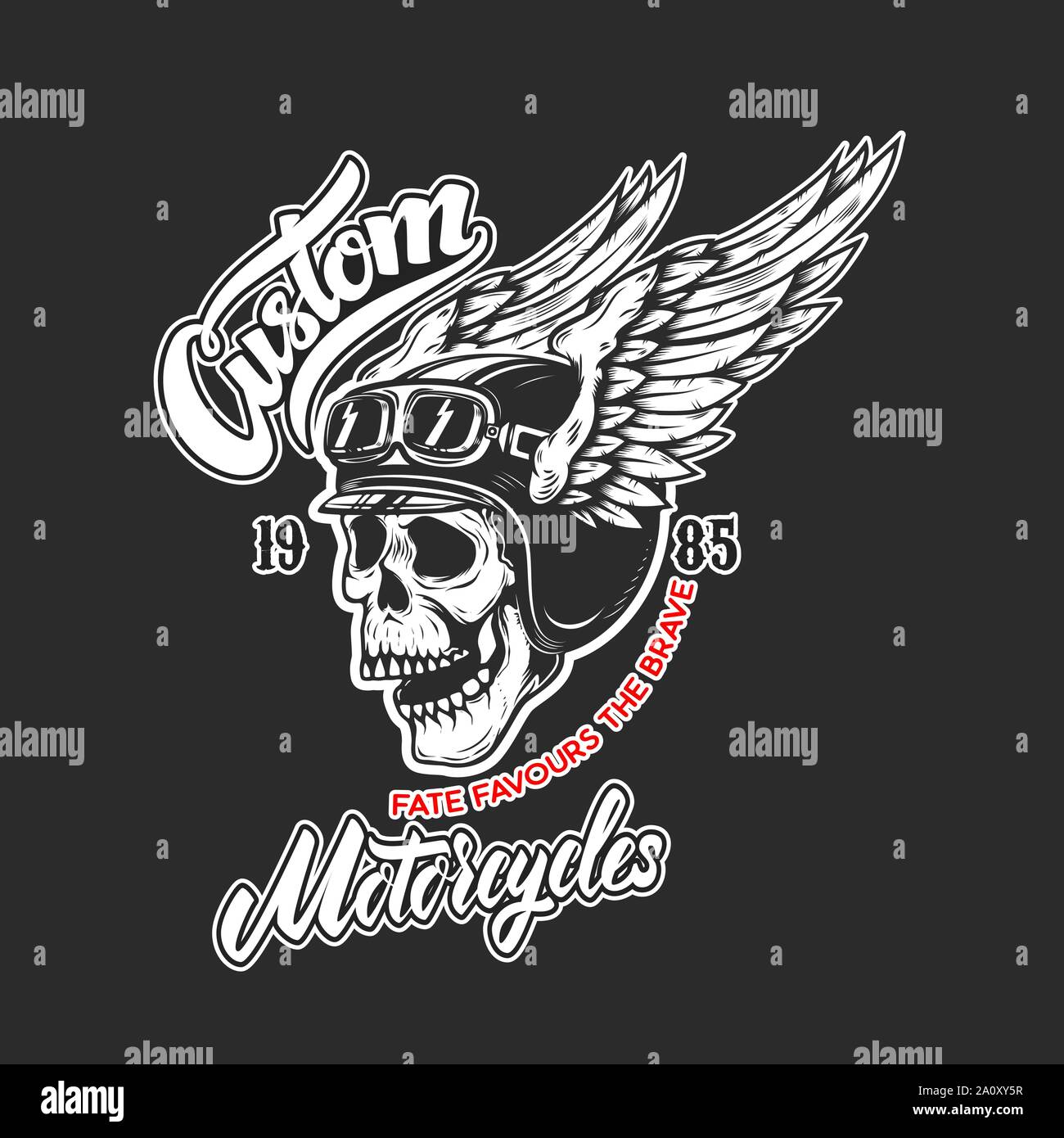 Custom Motorräder. Plakat Vorlage mit Schädel in winged Racer Helm. Design Element für Poster, Logo, Beschriftung, Schild, Abzeichen. Vector Illustration Stock Vektor