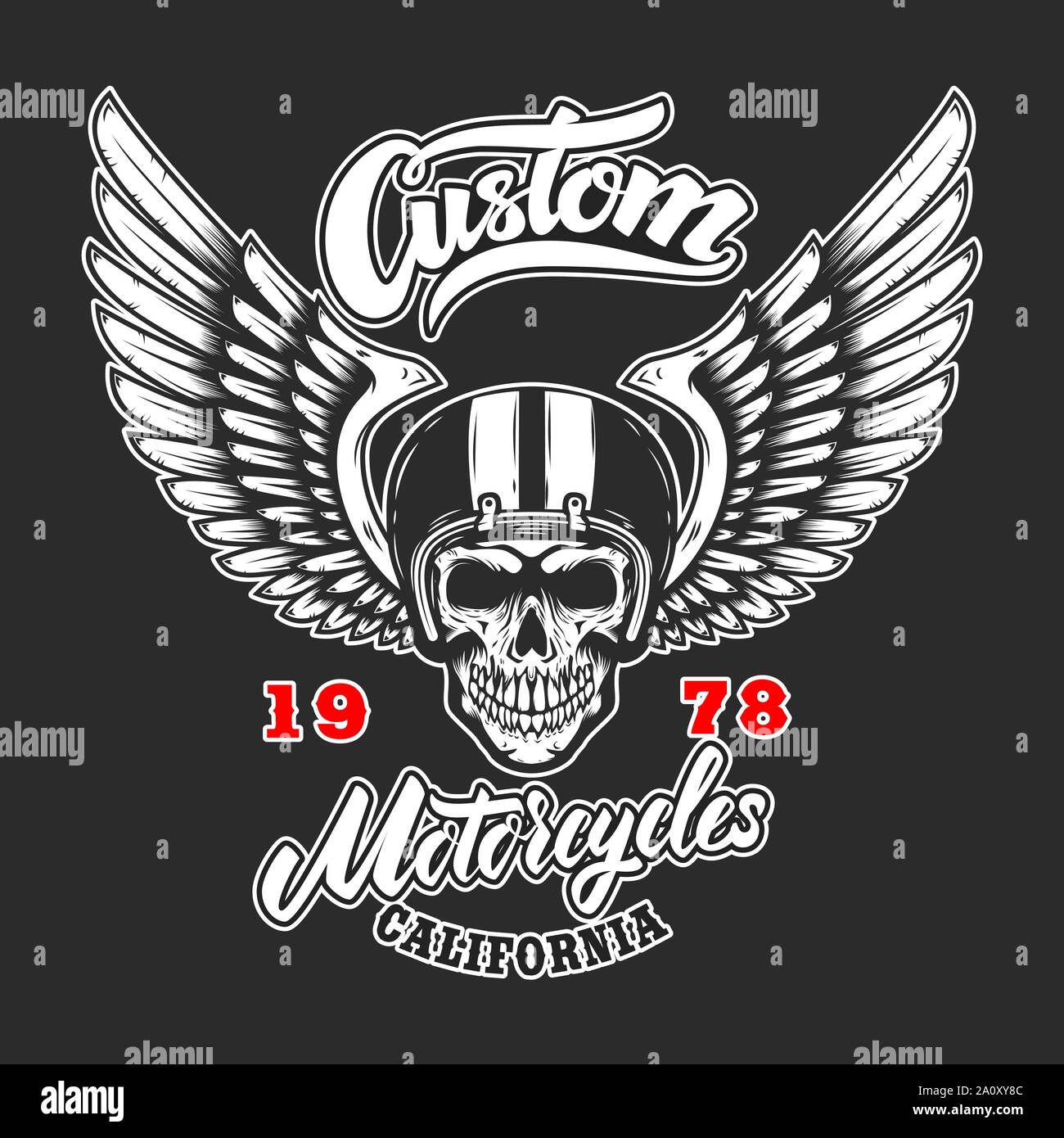 Custom Motorräder. Plakat Vorlage mit Schädel in winged Racer Helm. Design Element für Poster, Logo, Beschriftung, Schild, Abzeichen. Vector Illustration Stock Vektor