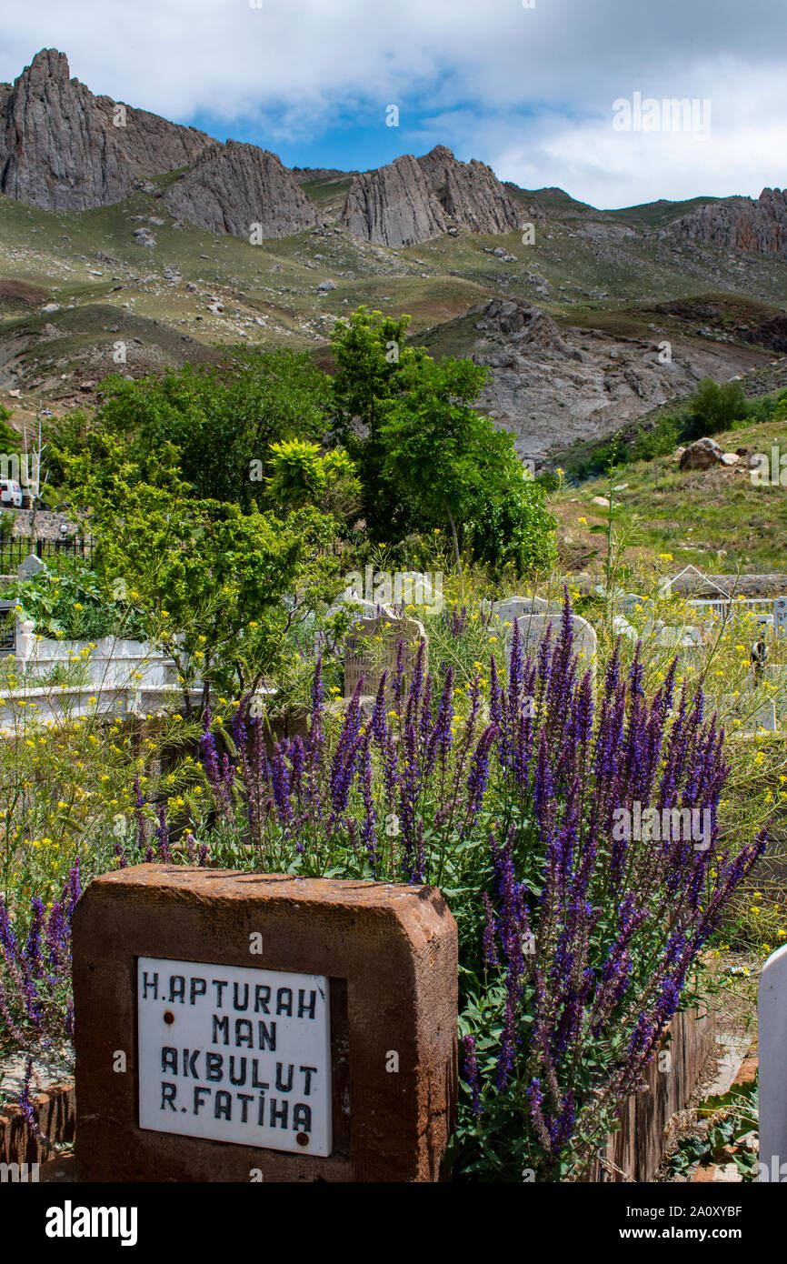Dogubayazıt, Türkei: Gräber, Grabsteine und Blumen auf dem Friedhof neben dem kleinen Moschee in der Nähe des Ishak Pasha Palast und das Schloss von alten Beyazit Stockfoto