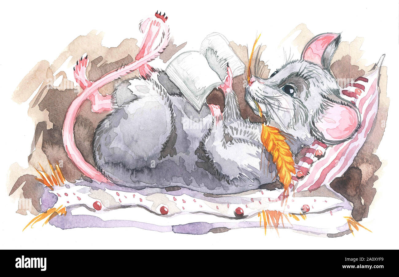 Kleine graue Maus sitzt auf einem Stapel Bücher, Illustration, Aquarell. Aquarell Grafik für Kalender 2020, Karten und Poster. Monat Februar. Stockfoto