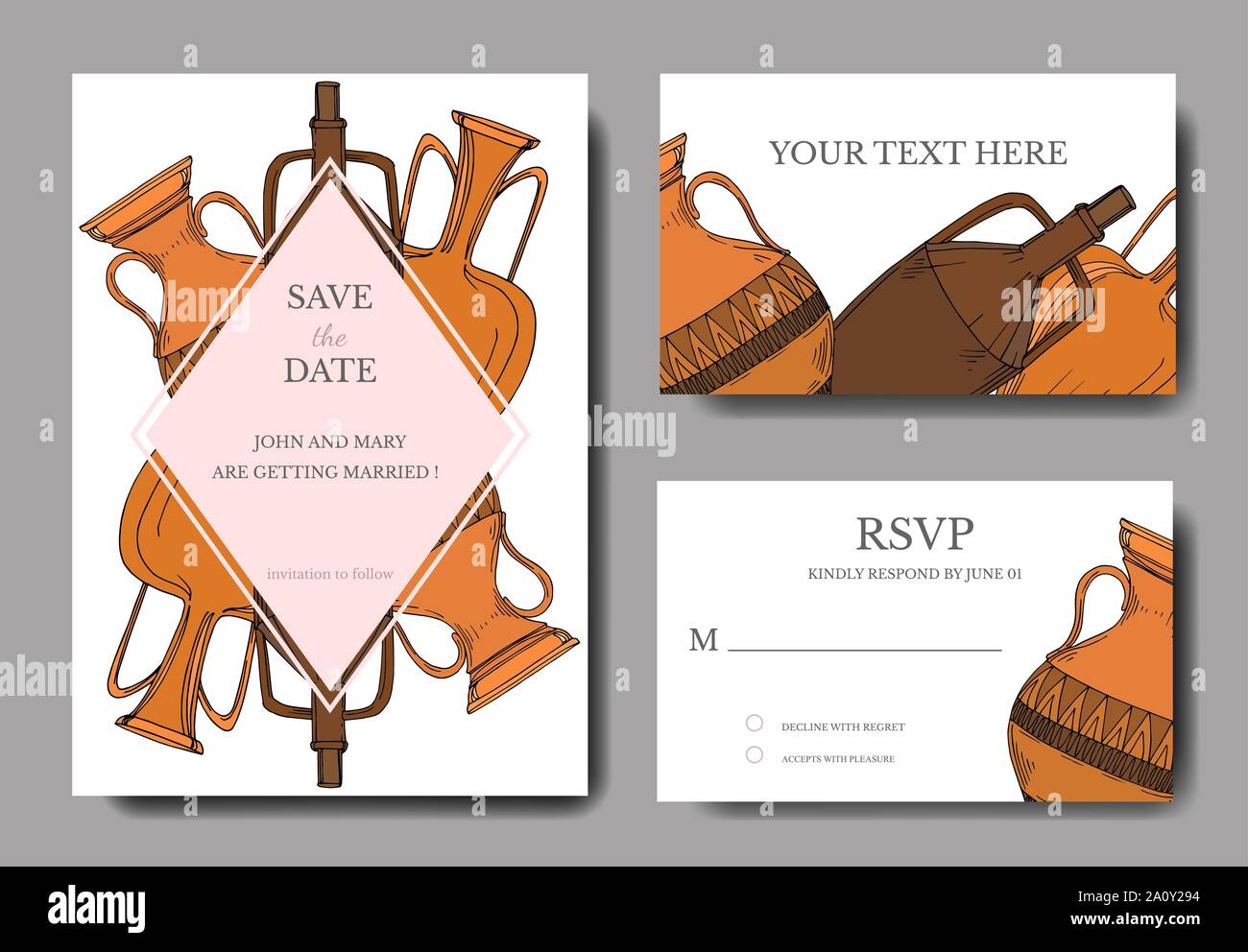 Vektor antiken griechischen Amphoren. Schwarz und weiß eingraviert Tinte Art Hochzeit hintergrund Karte dekorative Grenze. Danke, Rsvp, Einladung elegante Card i Stock Vektor