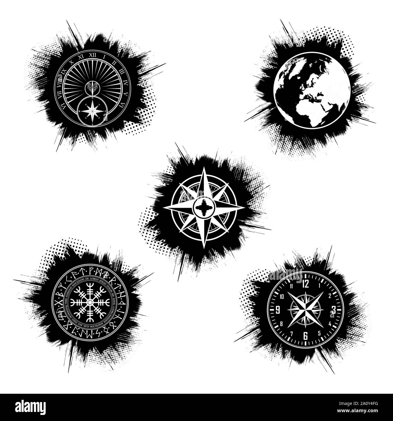 Satz von anderen Schwarz grunge Elemente und weiße Symbole der Weltkarte, Windrose, Sonnenuhr, Wecker und skandinavischen Kreis Stock Vektor