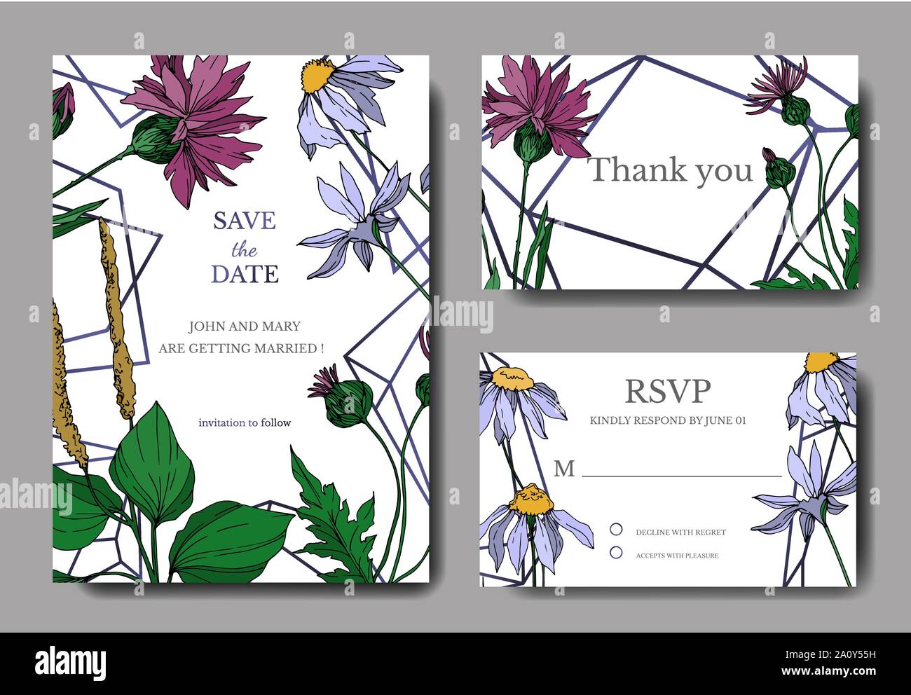 Vektor Wildblumen Blumen botanischen Blumen. Schwarz und weiß eingraviert Tinte Art Hochzeit hintergrund Karte dekorative Grenze. Danke, Rsvp, Einladung Stock Vektor
