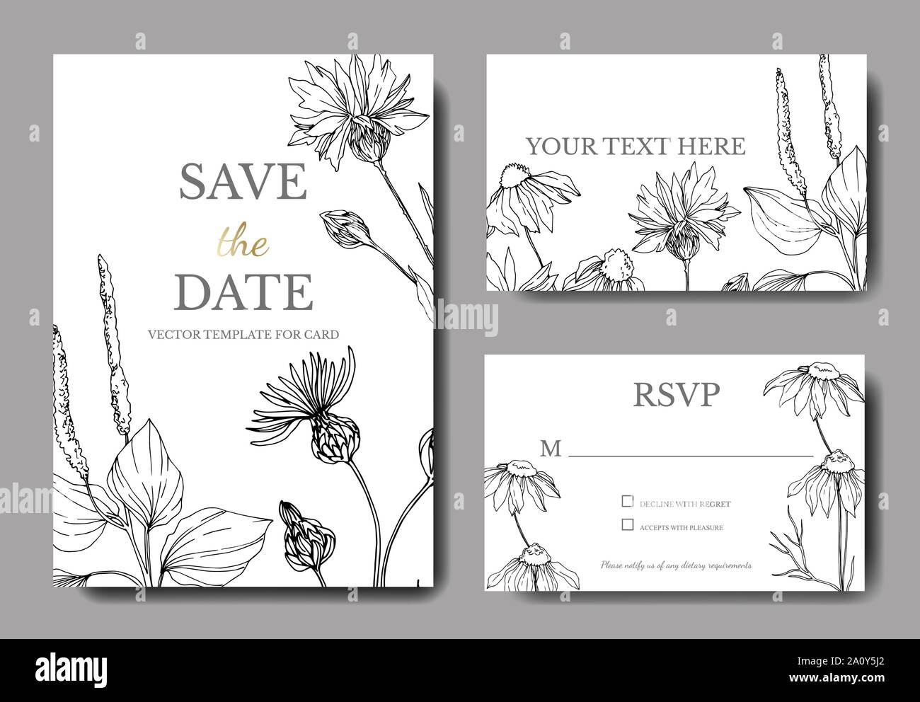 Vektor Wildblumen Blumen botanischen Blumen. Schwarz und weiß eingraviert Tinte Art Hochzeit hintergrund Karte dekorative Grenze. Danke, Rsvp, Einladung Stock Vektor