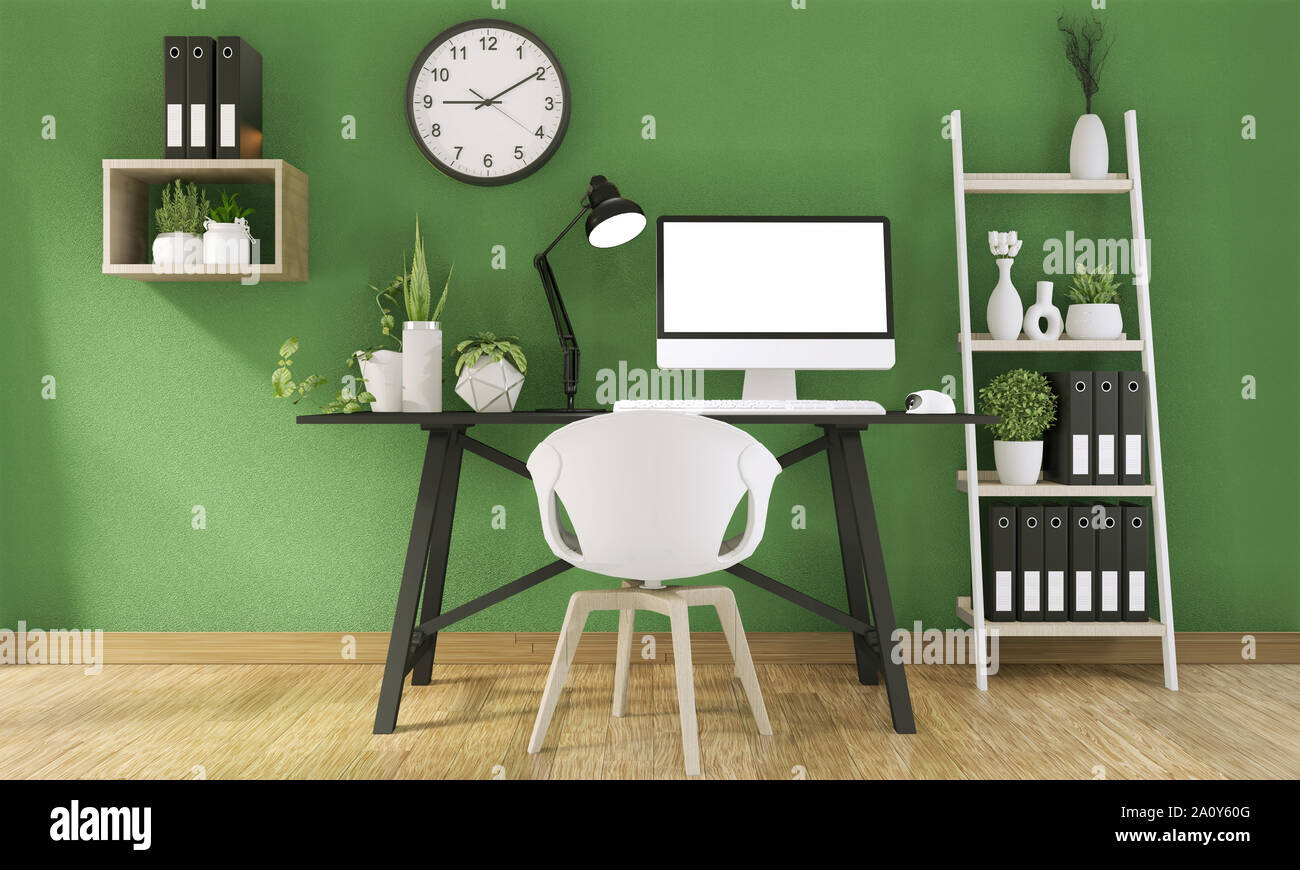 Mock up Computer mit leeren Bildschirm und Dekoration im Büro grüne Zimmer  mock up Hintergrund. 3D-Rendering Stockfotografie - Alamy