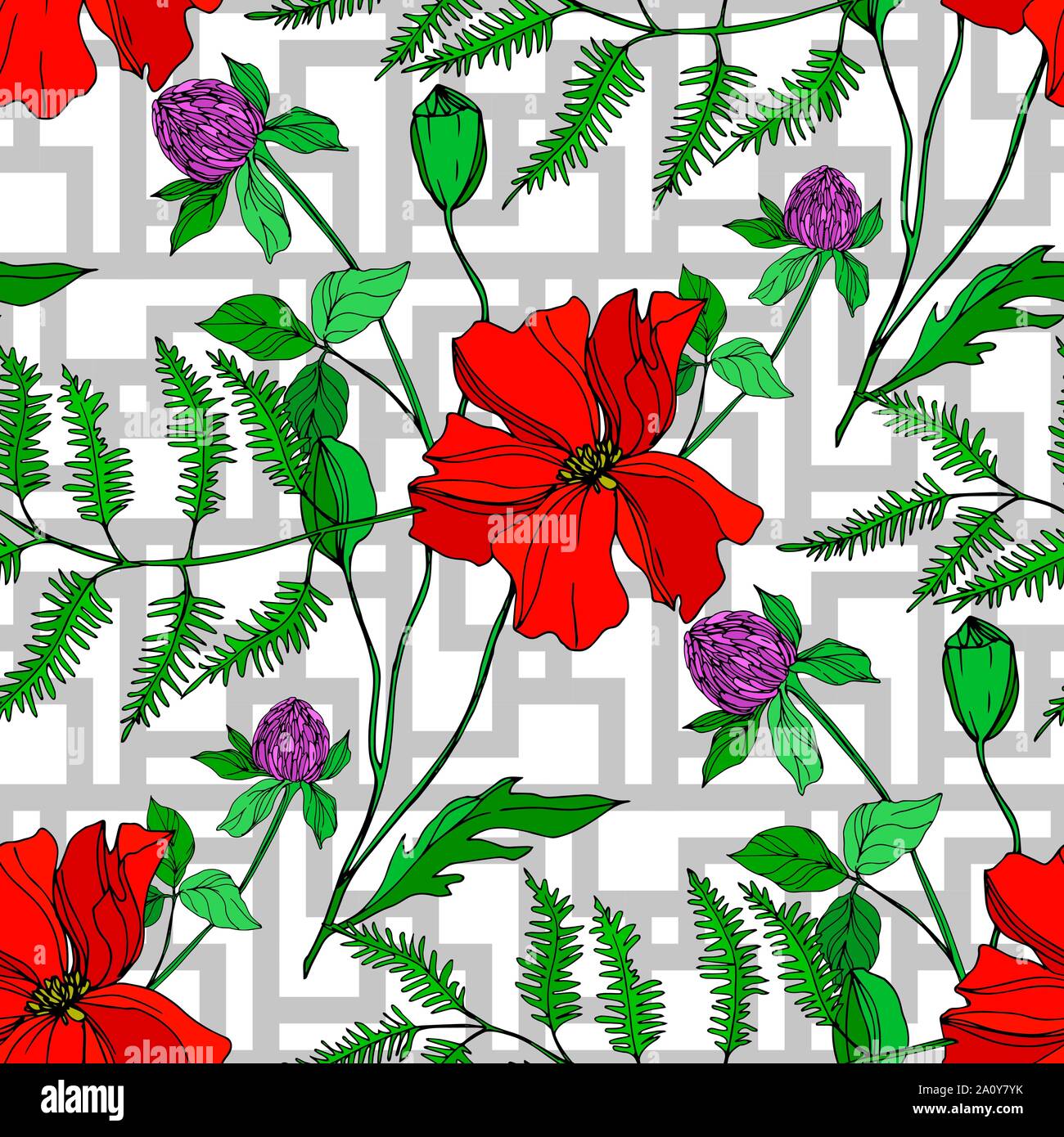 Vektor Wildblumen Blumen botanischen Blumen. Wild Federblatt wildflower isoliert. Schwarz und weiß eingraviert Tinte Art nahtlose Muster. Fabrikationsnr Stock Vektor
