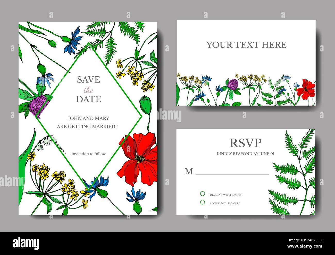 Vektor Wildblumen Blumen botanischen Blumen. Schwarz und weiß eingraviert Tinte Art Hochzeit hintergrund Karte dekorative Grenze. Danke, Rsvp, Einladung Stock Vektor