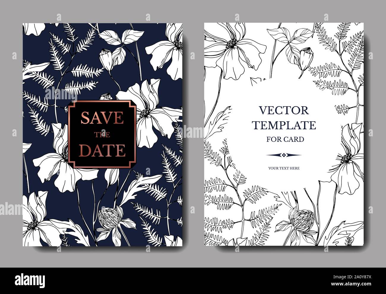 Vektor Wildblumen Blumen botanischen Blumen. Schwarz und weiß eingraviert Tinte Art Hochzeit hintergrund Karte dekorative Grenze. Danke, Rsvp, Einladung Stock Vektor