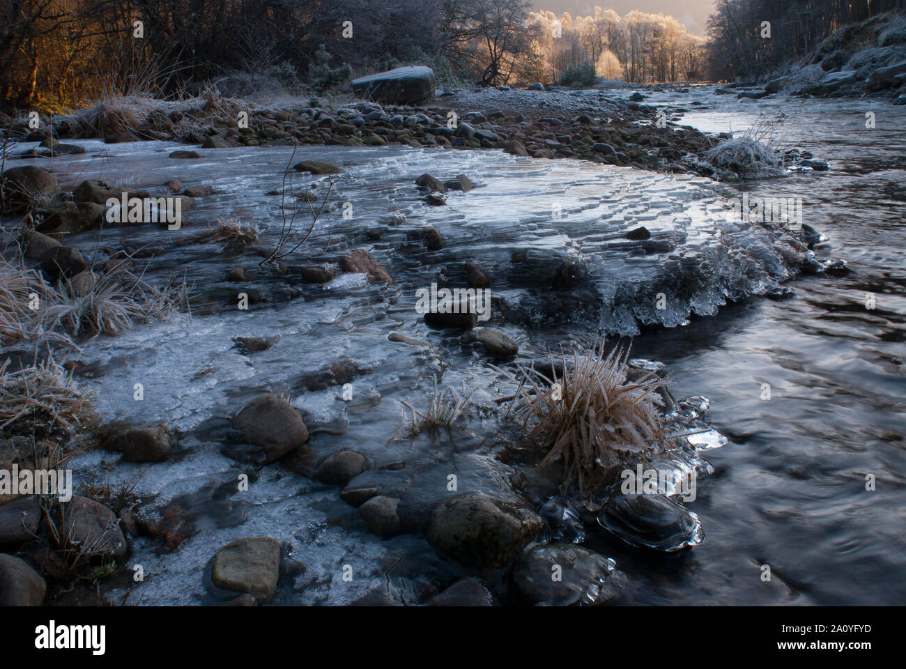 Stream eingefroren in einem Cascading Eis fallen, Fluss Feshie, Cairngorm National Park, Schottland, Großbritannien Stockfoto