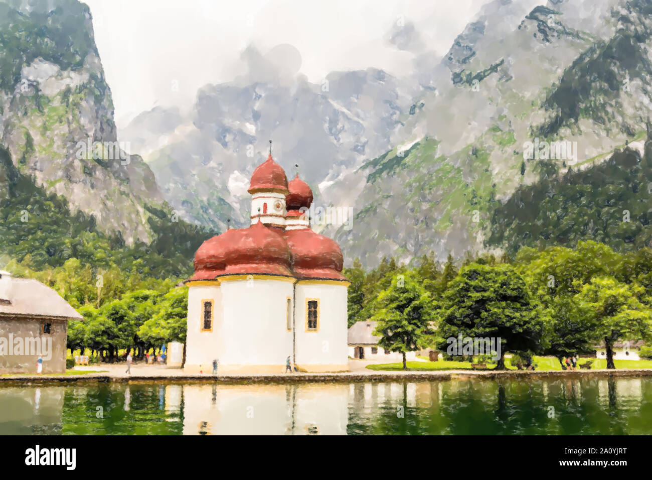 Kirche St. Bartholoma. Berchtesgaden, Bayern - Aquarell Stil. Stockfoto