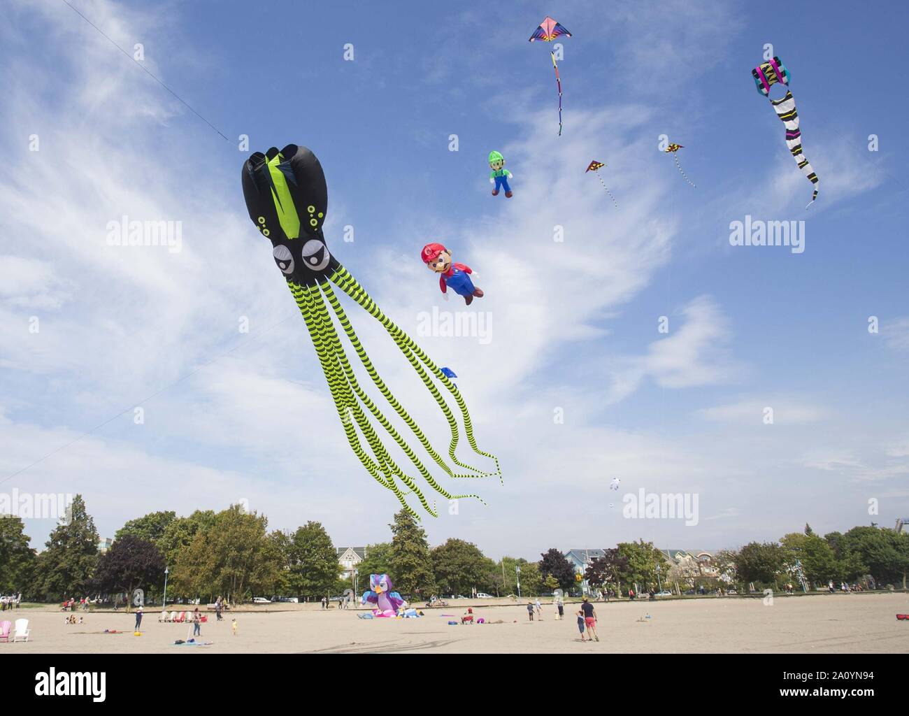 Toronto, Kanada. 22 Sep, 2019. Leute beobachten, die fliegenden Drachen während der 2019 Toronto WindFest Spaß an Woodbine Strand in Toronto, Kanada, Fliegen, an Sept. 22, 2019. Hunderte Drachenflieger zeigte der Öffentlichkeit einige erstaunliche Drachen an der Toronto WindFest Fun Event in Toronto am Sonntag Fliegen. Credit: Zou Zheng/Xinhua Stockfoto
