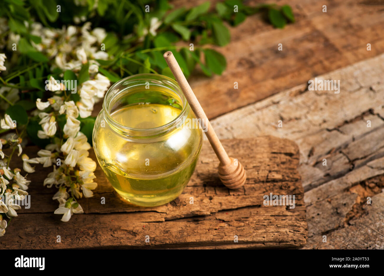 Honig in einem Glas mit akazienblüten auf einem Tisch Stockfoto