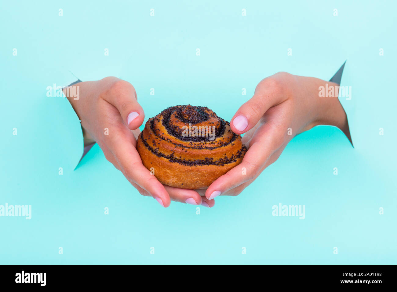 Hände halten ein Brötchen, Muffins, durch ein Loch im Papier. Backen Werbung. Stockfoto